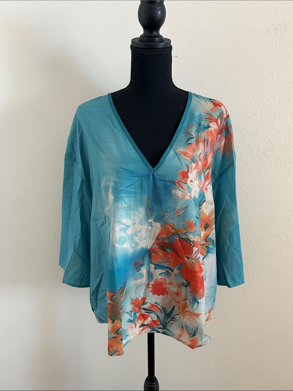 Teal Floral V-Neck Women's Top
